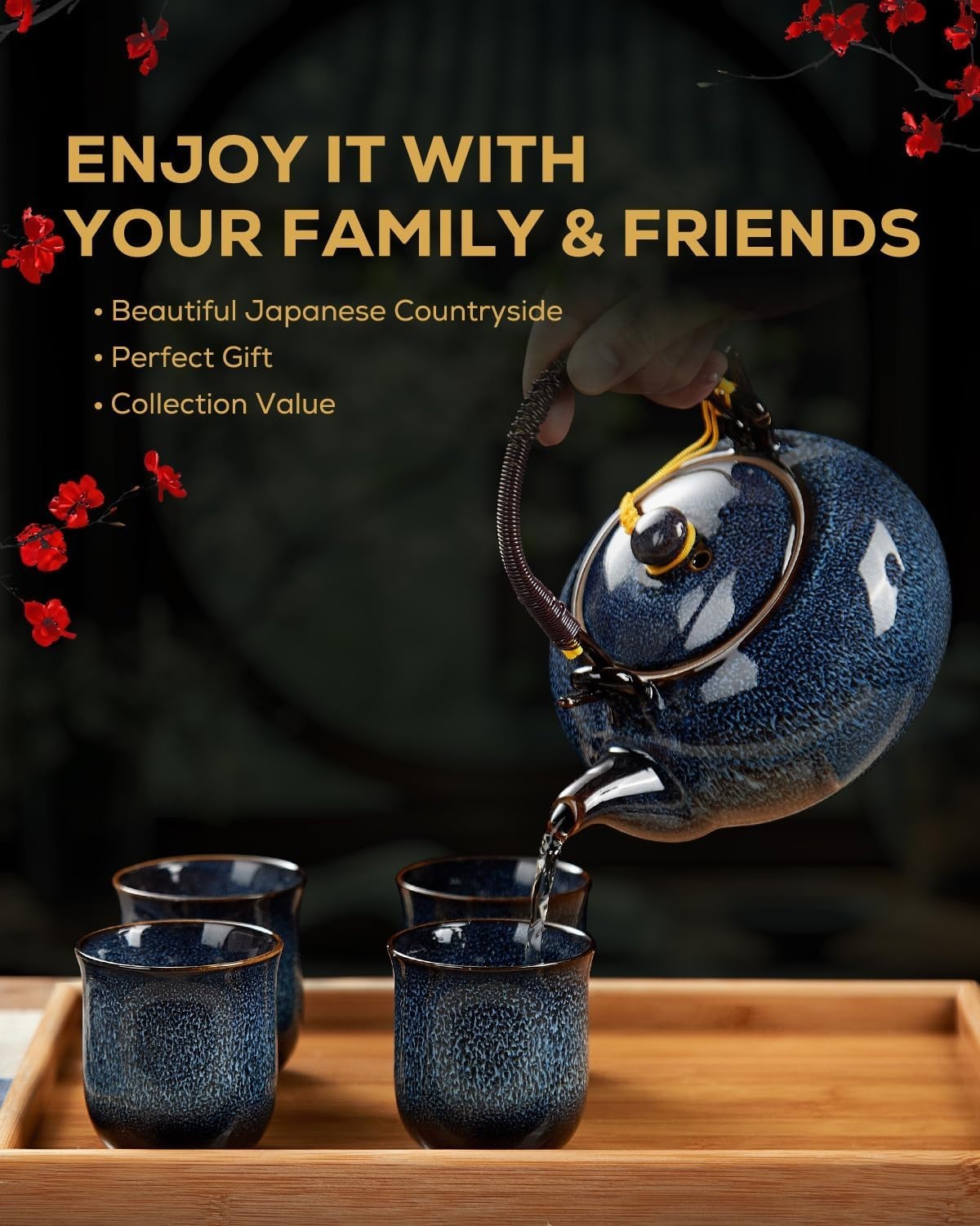 Japanese Porcelain Tea Set for 6 Blue Glaze Teapot Cups Bamboo Tray