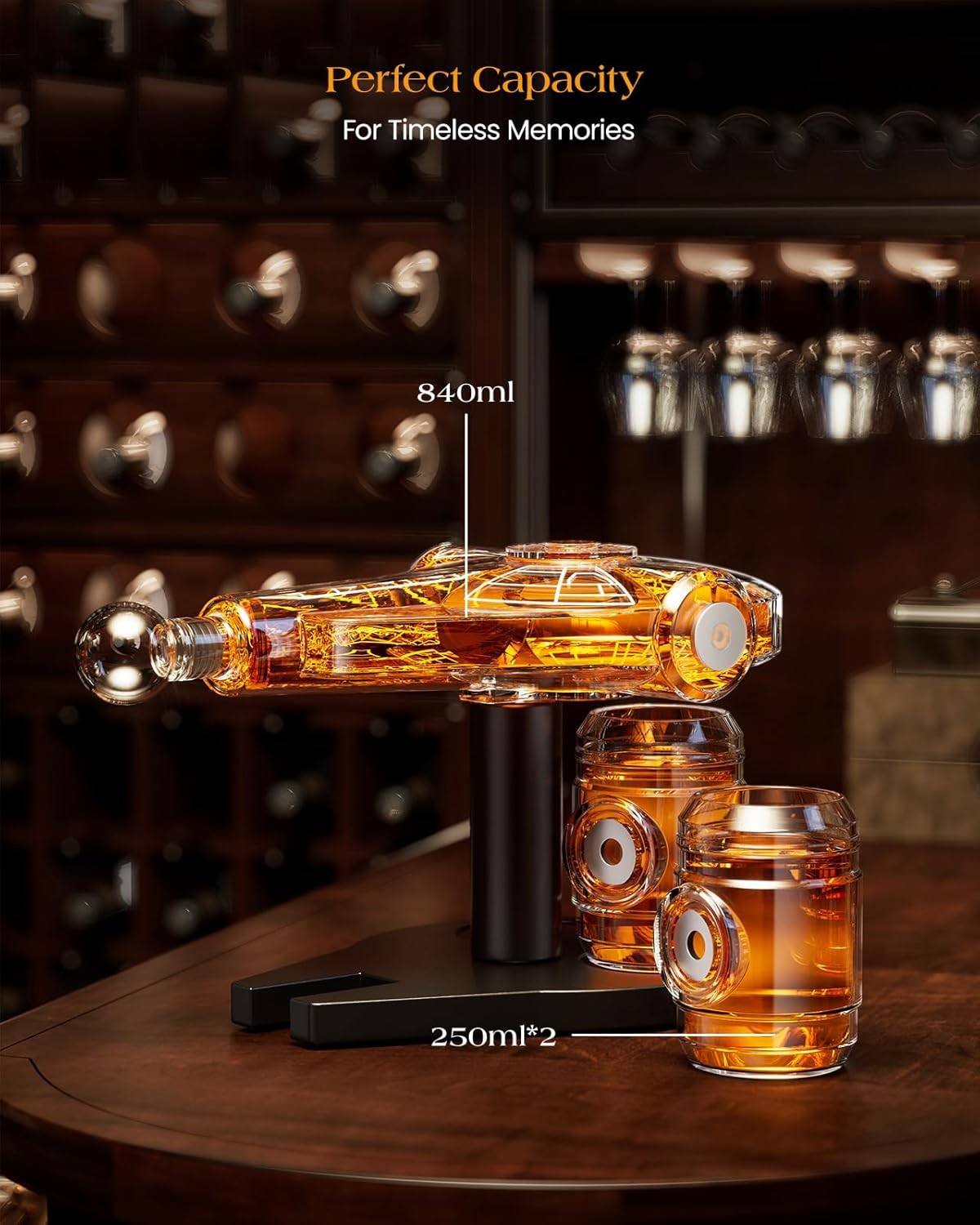 Spaceship Whiskey Decanter Set 840ml with Stand & 2 Shot Glasses Unique Gift