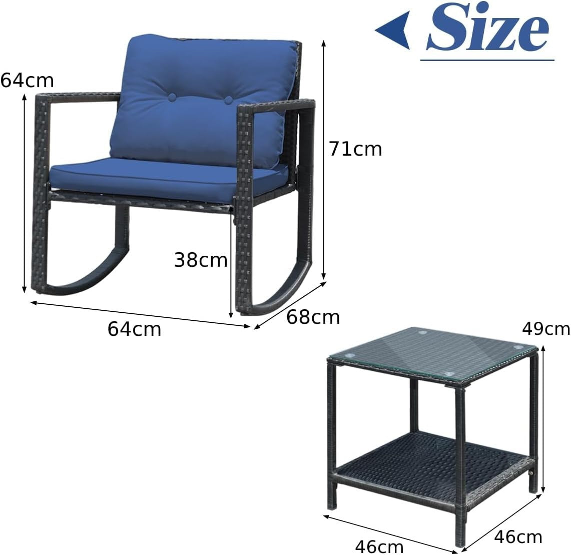 Rocking Rattan Bistro Set 3PC Patio Chairs with Two Tier Glass Table Cushions