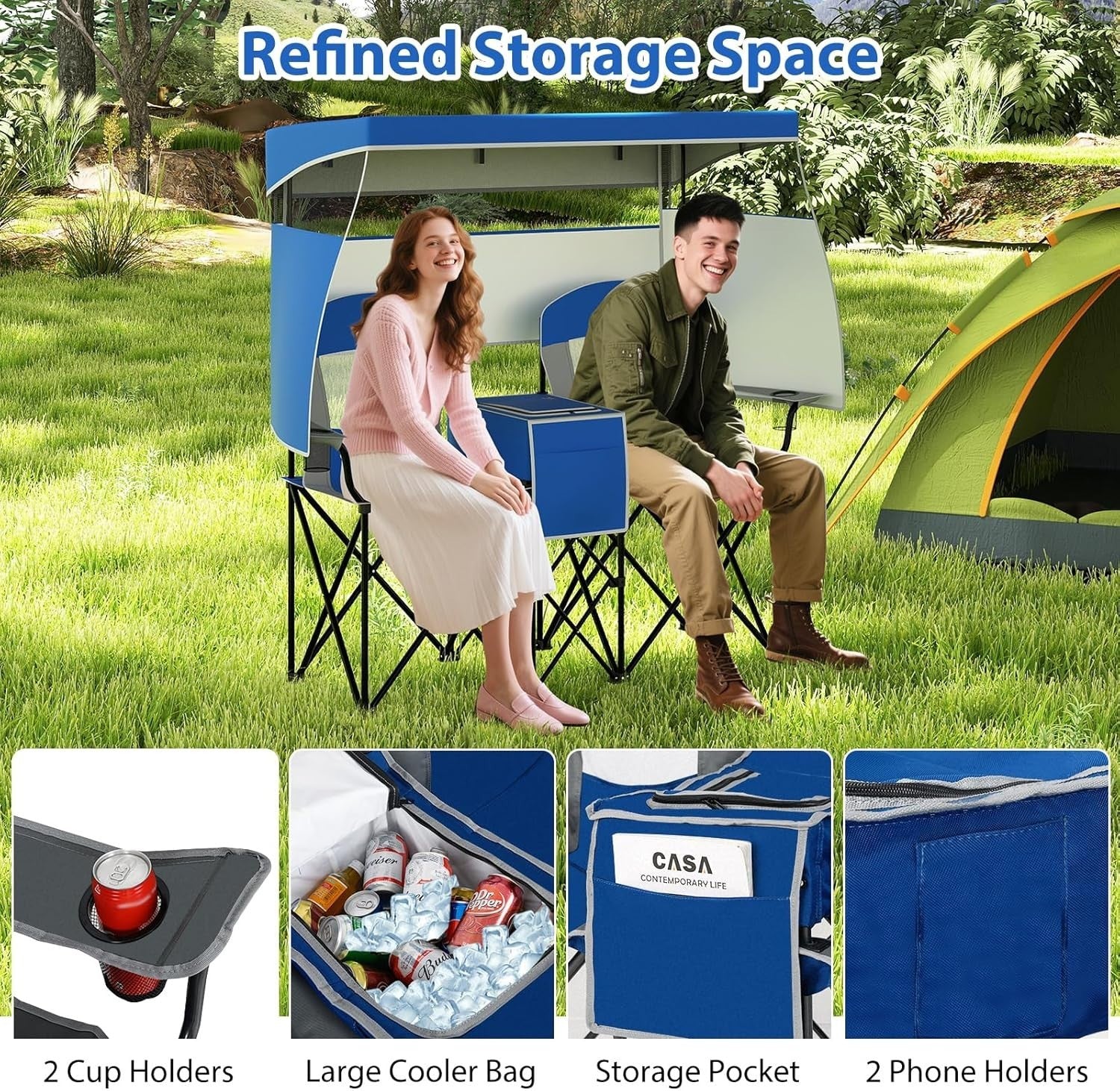 2 Seater Folding Camping Chair with Canopy, Cup Holders & Storage – Navy