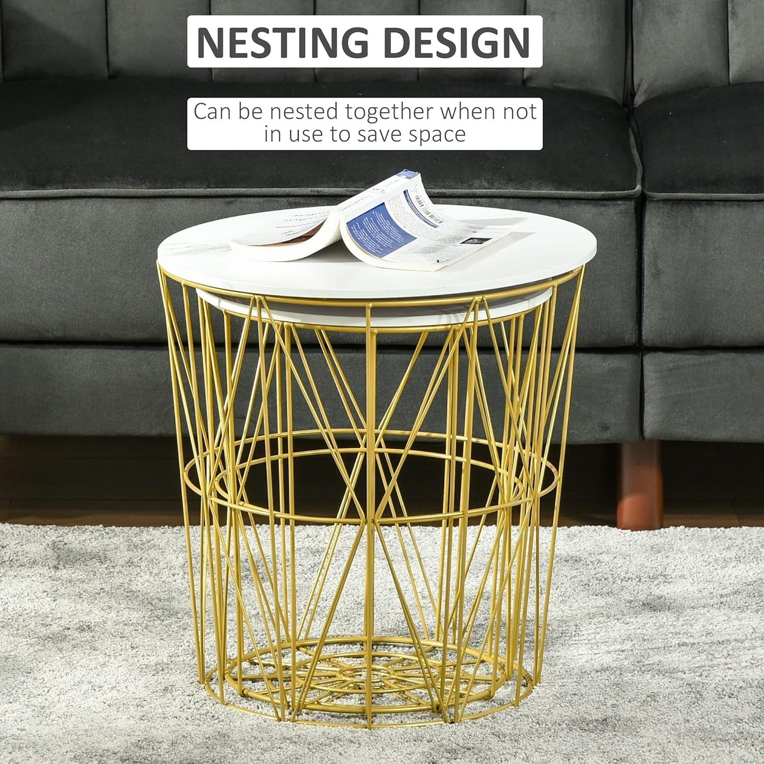 Set of 2 Gold Nesting Side Tables Round Coffee End Table Storage Marble Effect