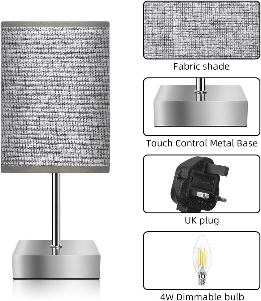 Touch Control Bedside Table Lamps Set of 2 Grey Fabric Shade Dimmable