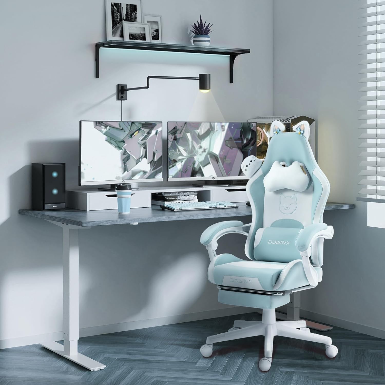 Cute Cat Ear Gaming Chair Massage Lumbar Footrest 290lbs