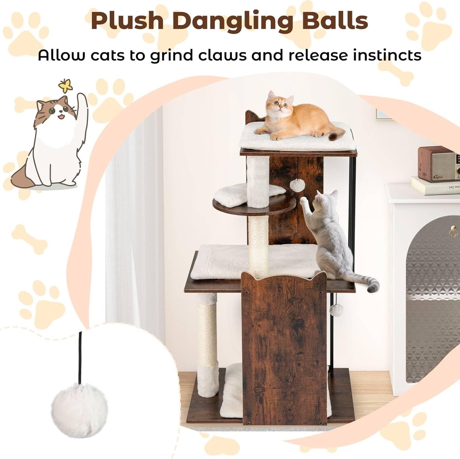 Modern Cat Tree Tower 112cm Multi Level Wooden Scratching Post Play Centre