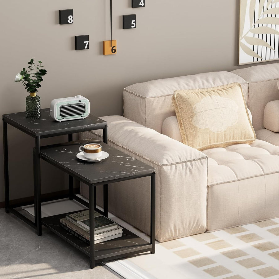 Nesting Coffee Table Set of 2 Modern Black Metal Frame Living Room Furniture