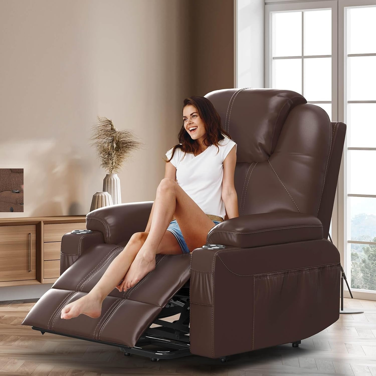 Power Lift Recliner Chair Massage Heat USB Type-C Cup Holders Faux Leather Brown