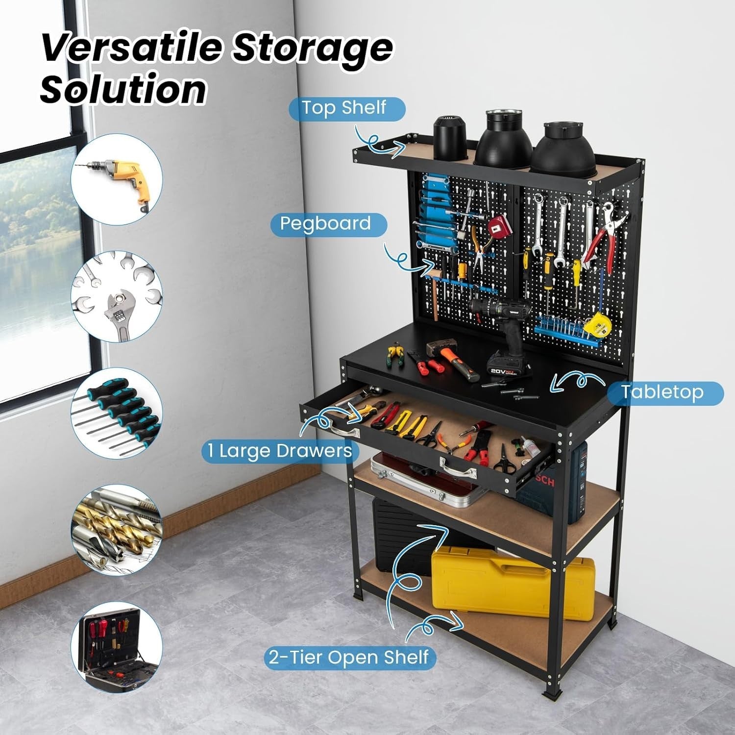 Heavy Duty Garage Workbench with Pegboard Drawer Hooks Tool Station 81x41cm