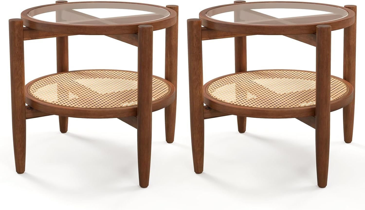 2-Tier Rattan Round Side Tables with Tempered Glass Top & Acacia Wood Legs (2PCS