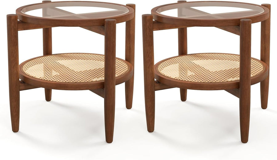 2-Tier Rattan Round Side Tables with Tempered Glass Top & Acacia Wood Legs (2PCS