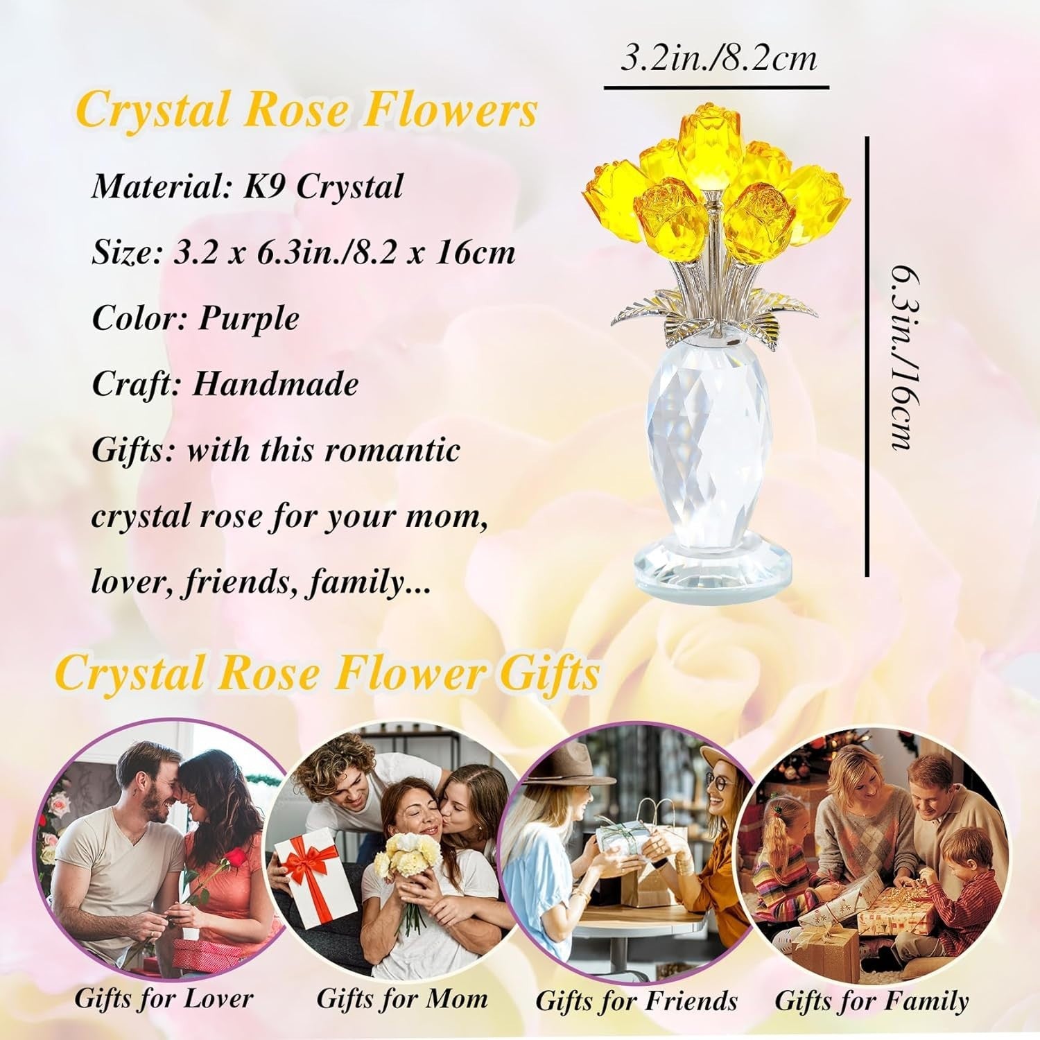 Yellow Crystal Rose Bouquet Ornament Glass Flower Figurine Gift for Mum Wife