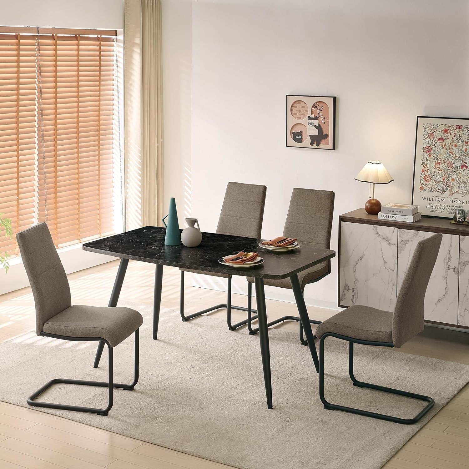 Modern 5-Piece Dining Table Set with 4 Chairs, Marble Effect, 140x80cm