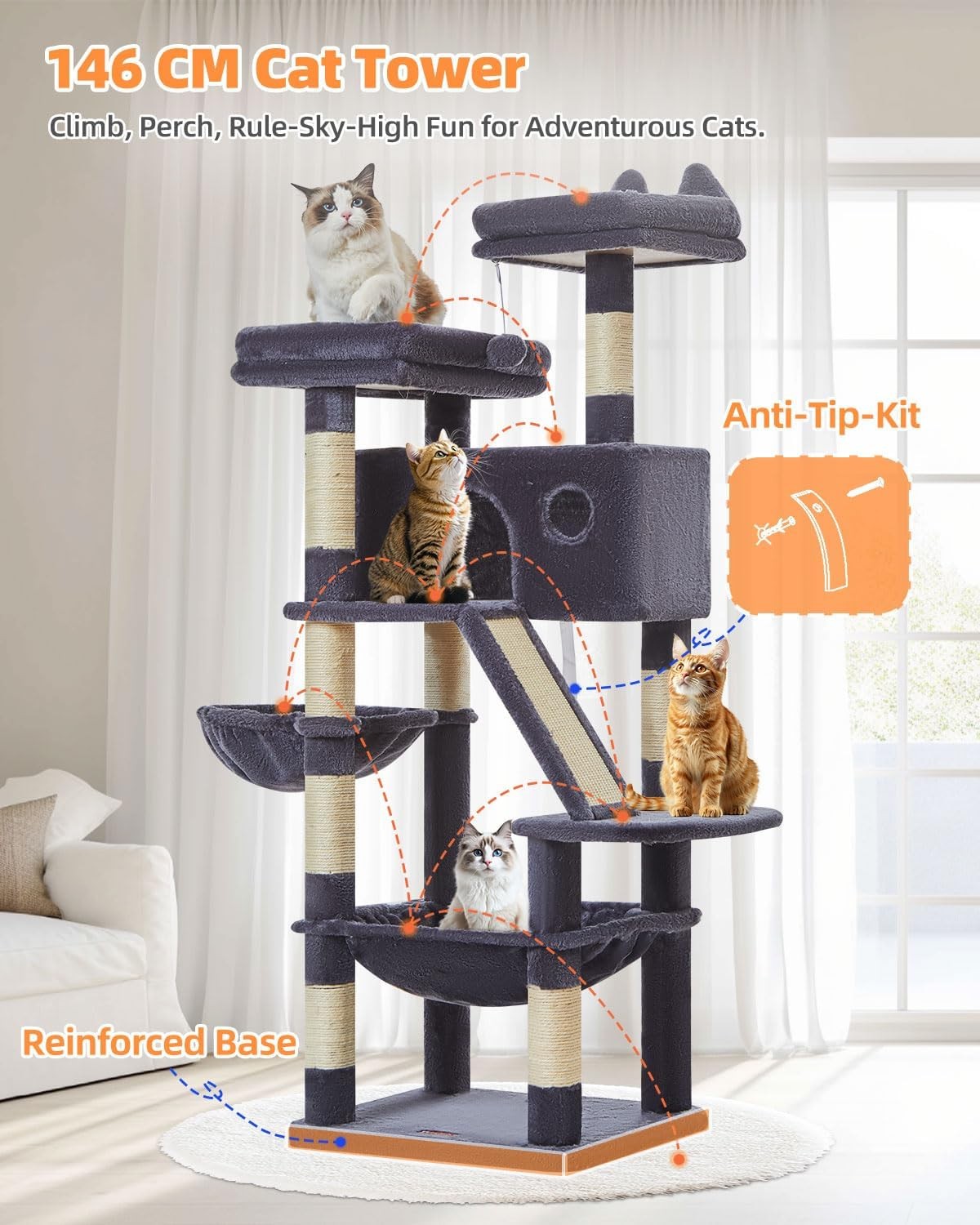 Large Cat Tree Tower 146cm Multi Level Scratching Posts Hammock Condo