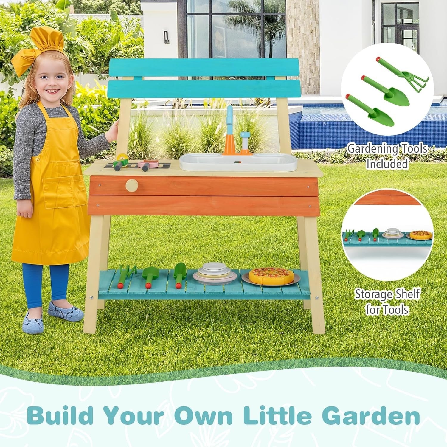 Outdoor Mud Kitchen Kids Wooden Playset w/ Sink Grill Gardening