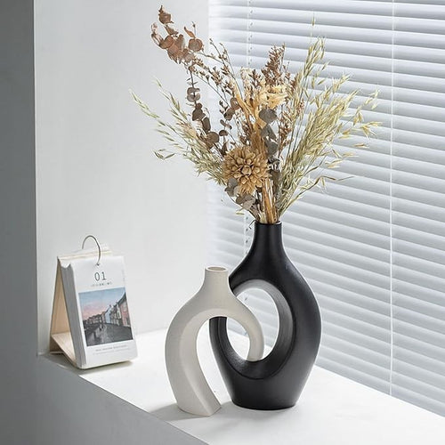 XL Hollow Ceramic Vase Set of 2 Modern Minimalist Donut Decor for Pampas