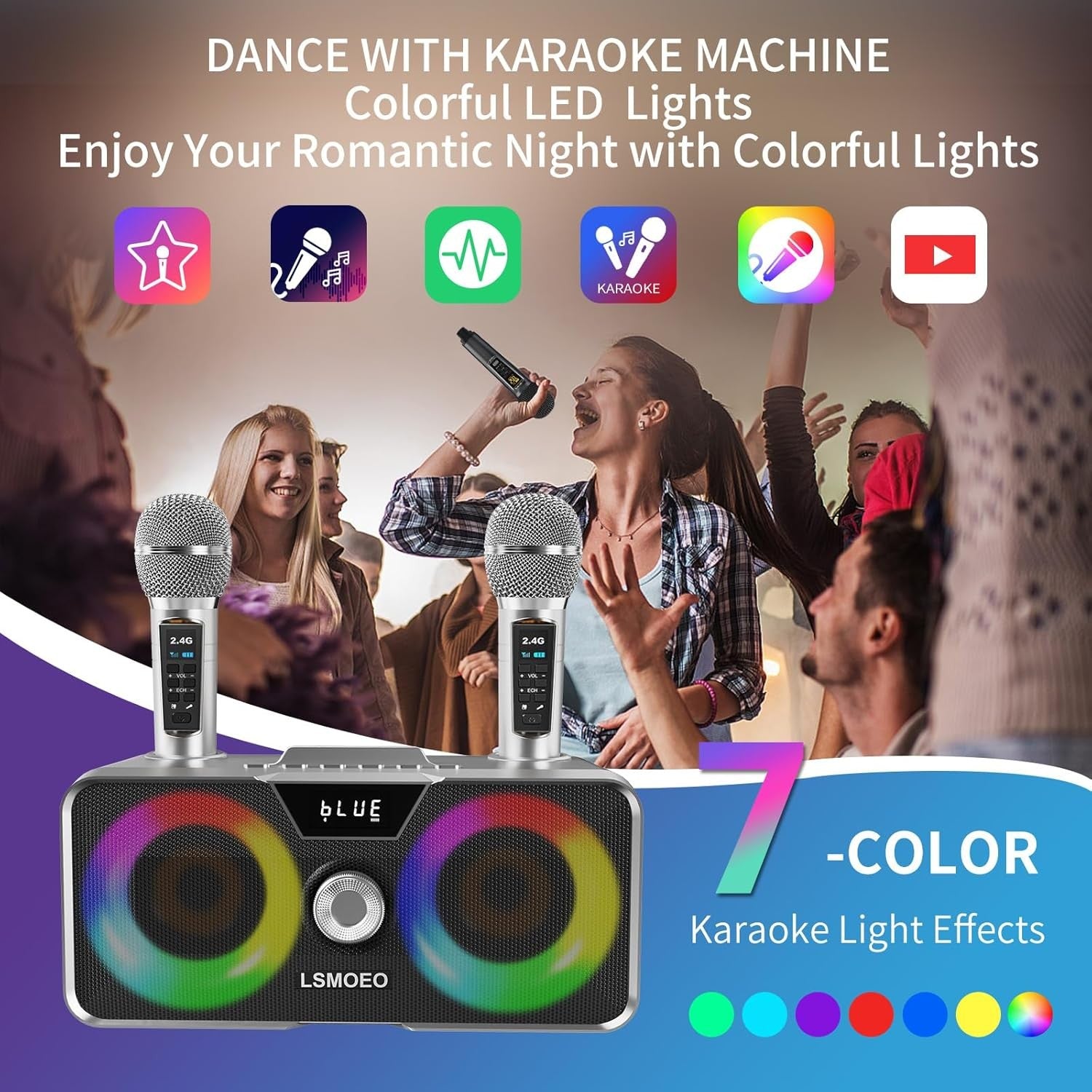 Karaoke Machine 2 UHF Wireless Mics Bluetooth PA LED