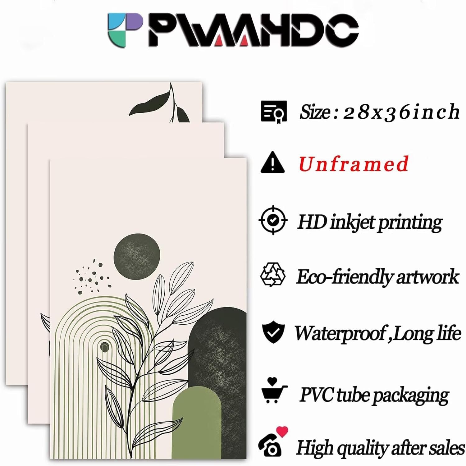 Large Green Canvas Wall Art Set of 3 Boho Abstract Prints 60x90cm Unframed