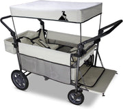 Beige Folding Wagon w/ Canopy 2 Seats Heavy Duty Collapsible Cart 120kg Outdoor