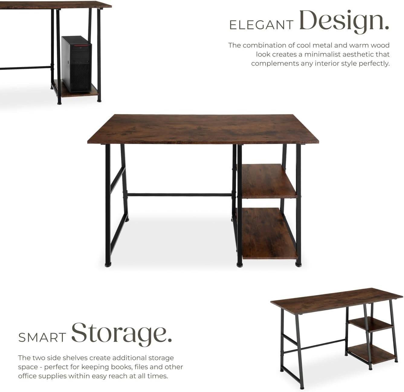 Modern Computer Desk Dark Wood 120cm with 2 Shelves & Steel Frame Office Table