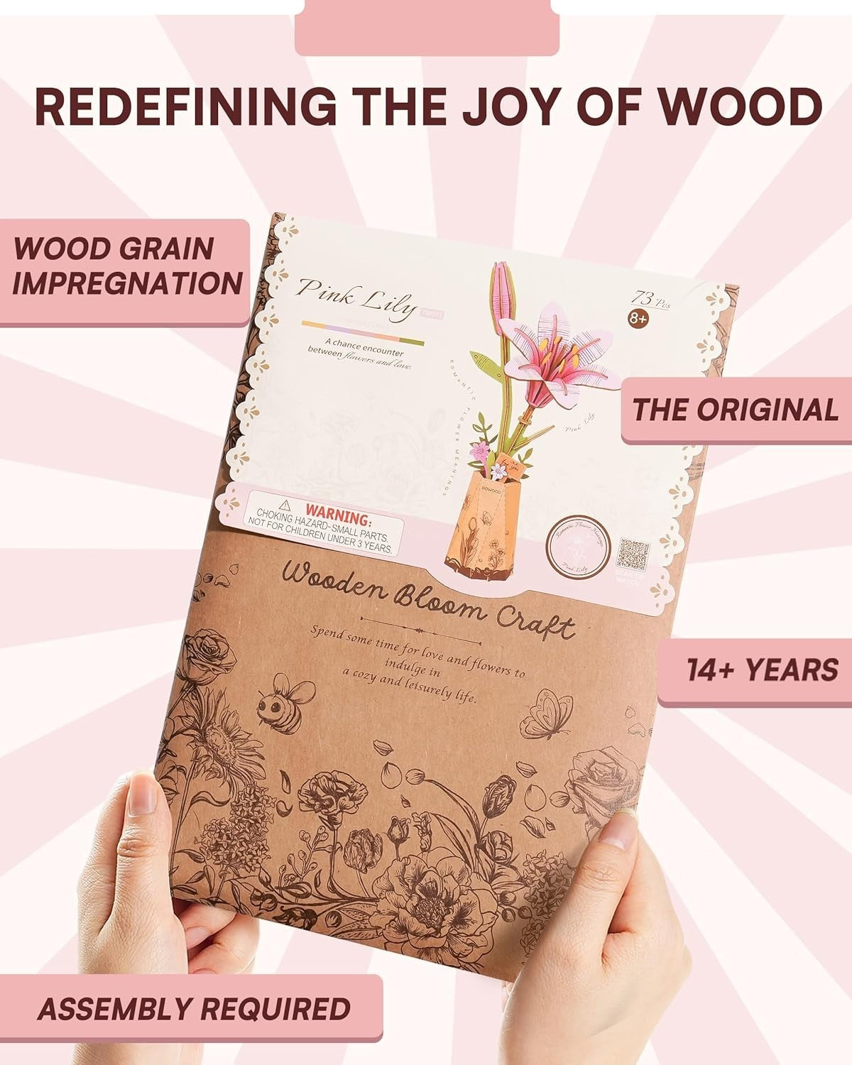 3D Wooden Flower Puzzle Kit Pink Lily – DIY Craft Gift for Home Décor