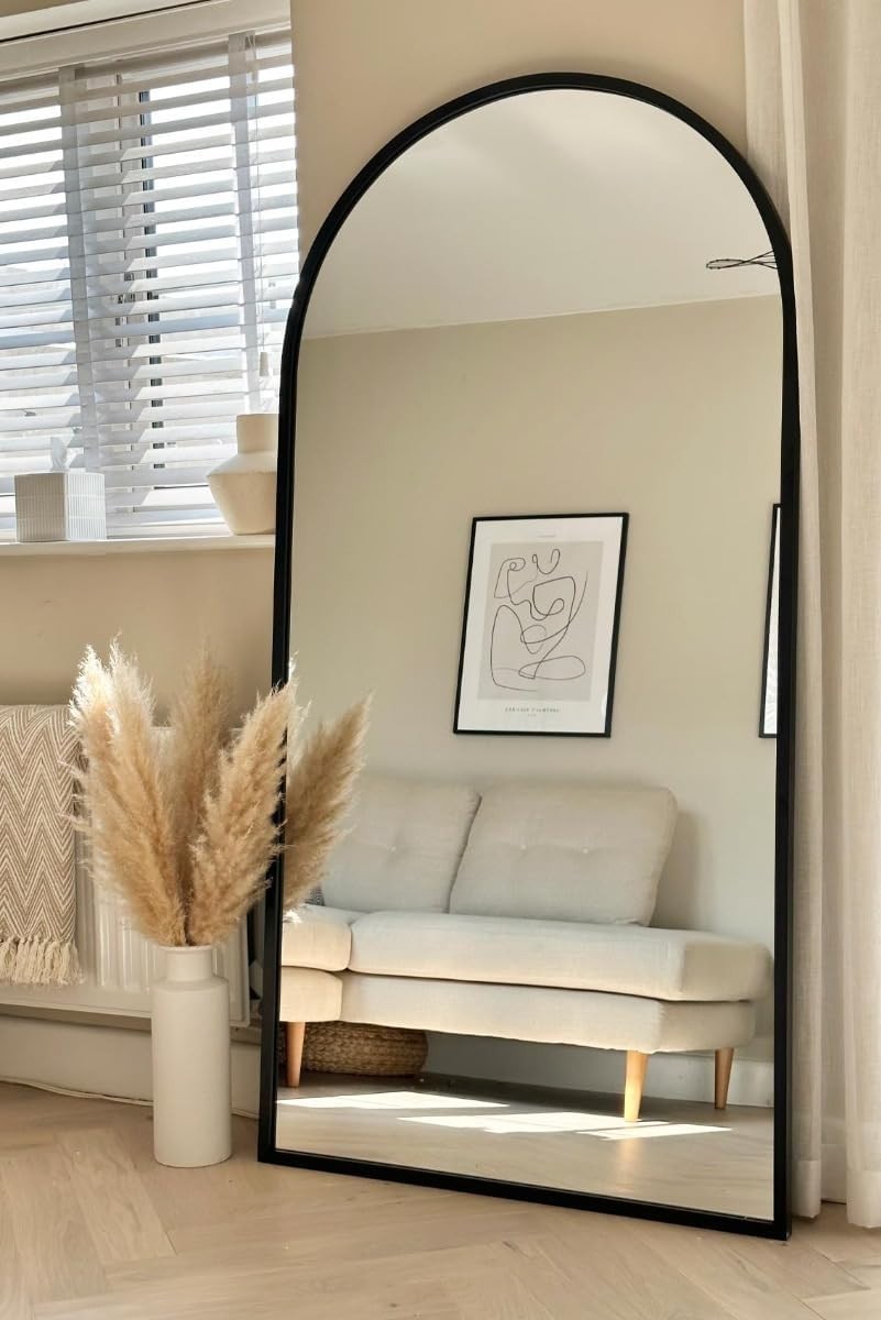 Large Black Metal Arched Wall Mirror 180x90cm Leaner & Hanging