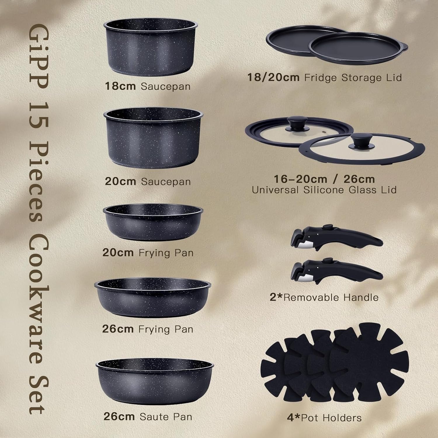 15Pcs Black Ceramic Non Stick Cookware Set with Detachable Handle Induction Safe