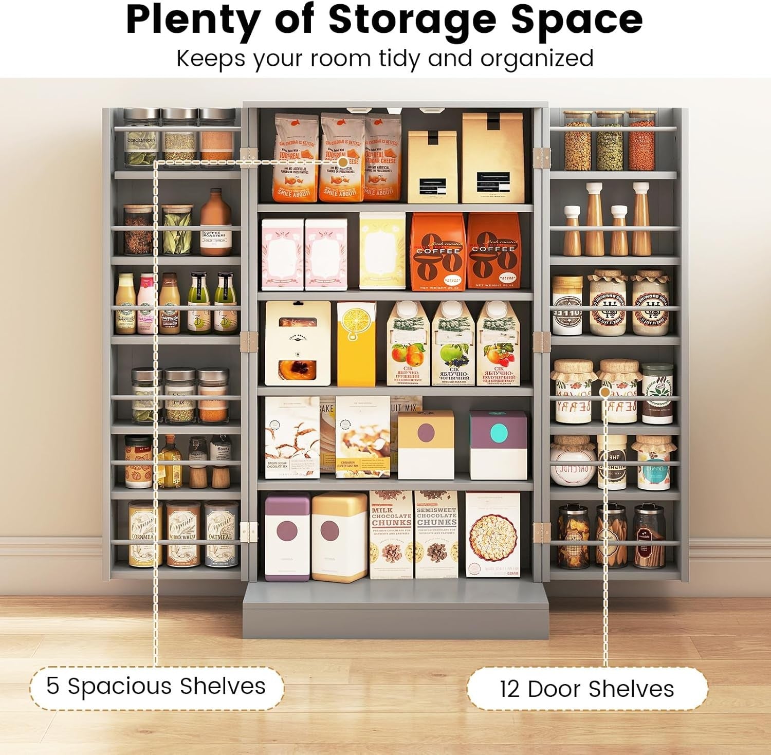 Tall Grey Kitchen Pantry Cupboard Cabinet Adjustable Shelves Storage Unit