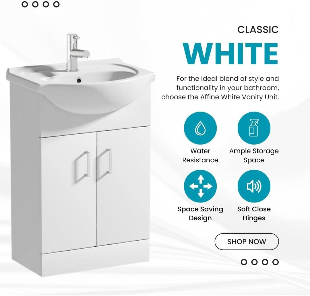 560mm White Gloss Vanity Sink Unit – Freestanding Basin Cabinet Soft Close Doors