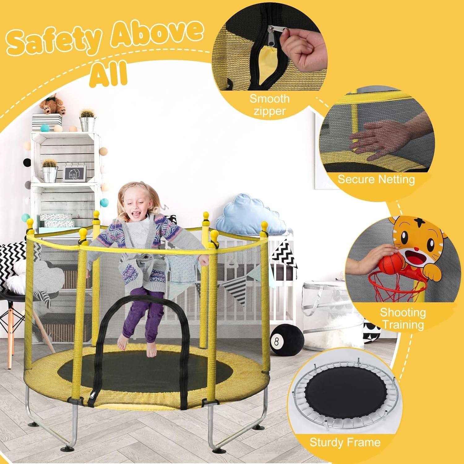 55in Kids Trampoline Safety Net Basketball Hoop Indoor Outdoor