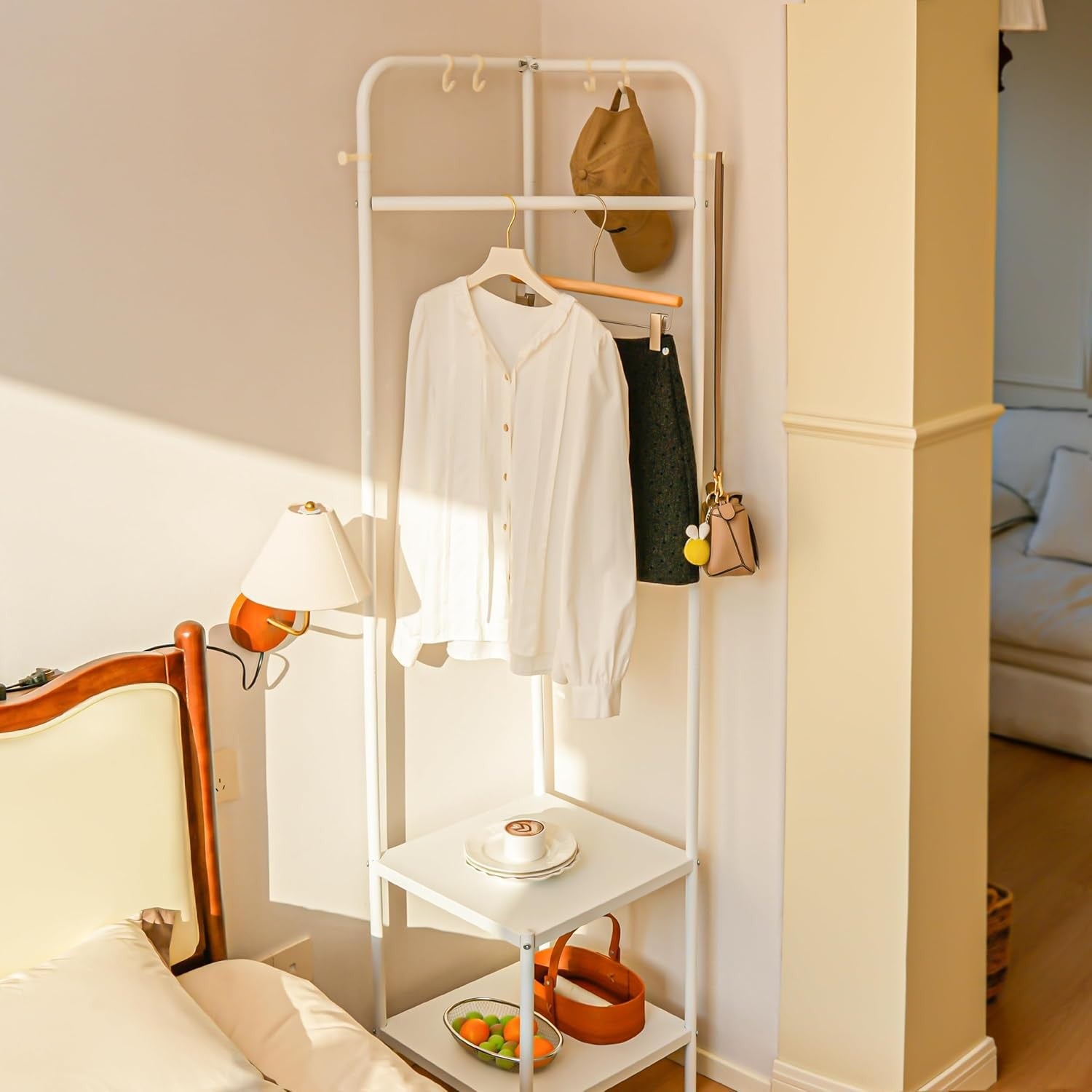 Metal Corner Coat Rack with Shelves | Space Saving Hallway Clothes Stand