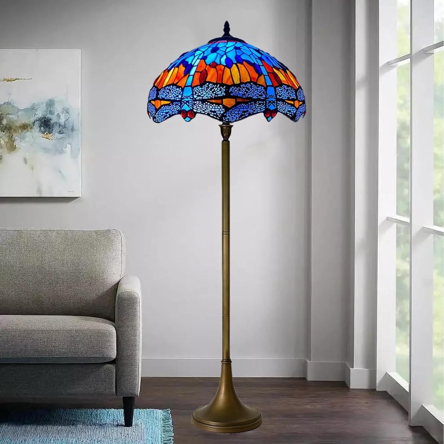 Tiffany Style Floor Lamp Handcrafted Stained Glass 16in Antique Hall Light