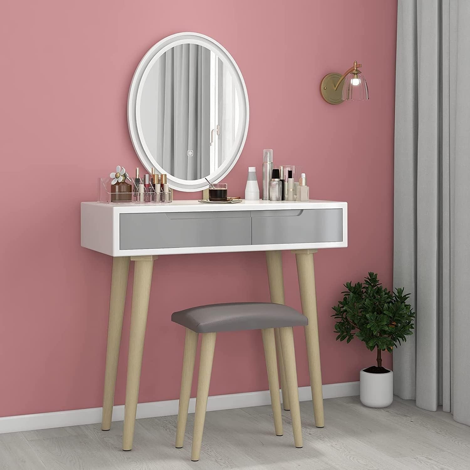 Vanity Makeup Dressing Table Set W/ Lighted Oval Mirror Stool 2 Drawers Storage