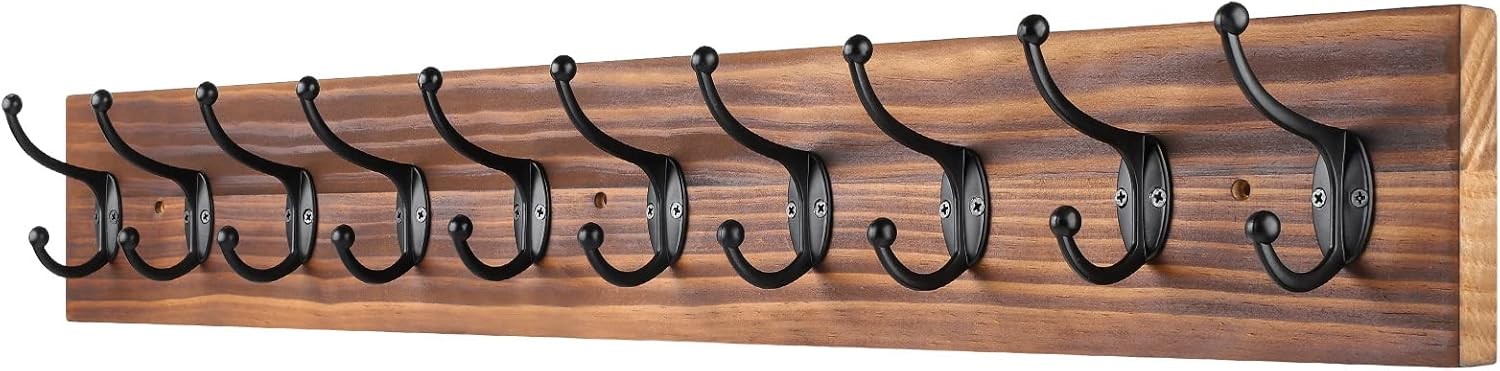 Vintage Wall Mounted Coat Rack 10 Hooks | Wooden Hanging Rack for Coats Hats