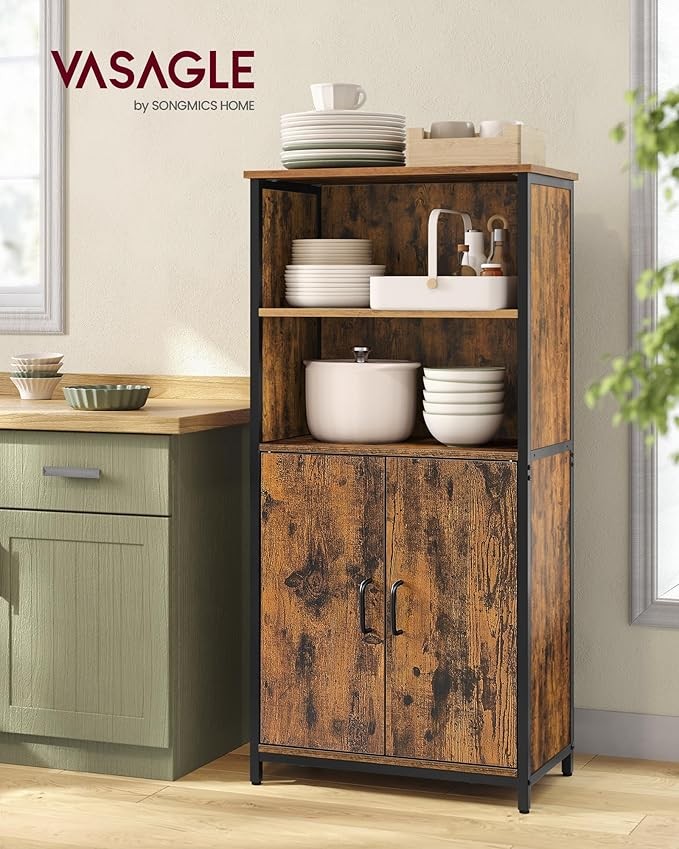 Rustic Brown Industrial Storage Cabinet with Shelves & Cupboard for Living Room