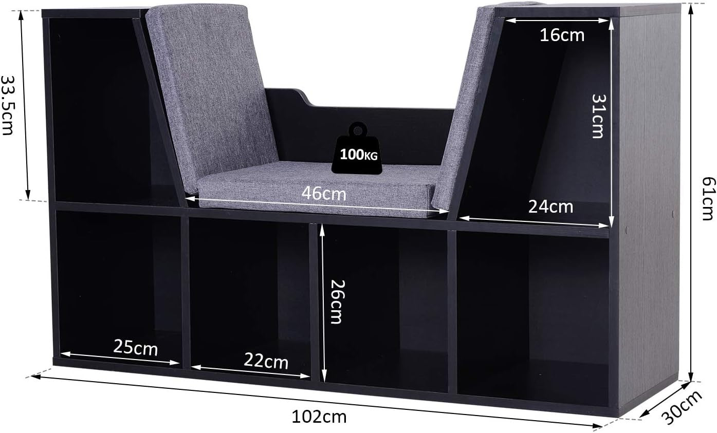 Bookcase with Cushioned Reading Seat 6 Cube Storage Bench Black