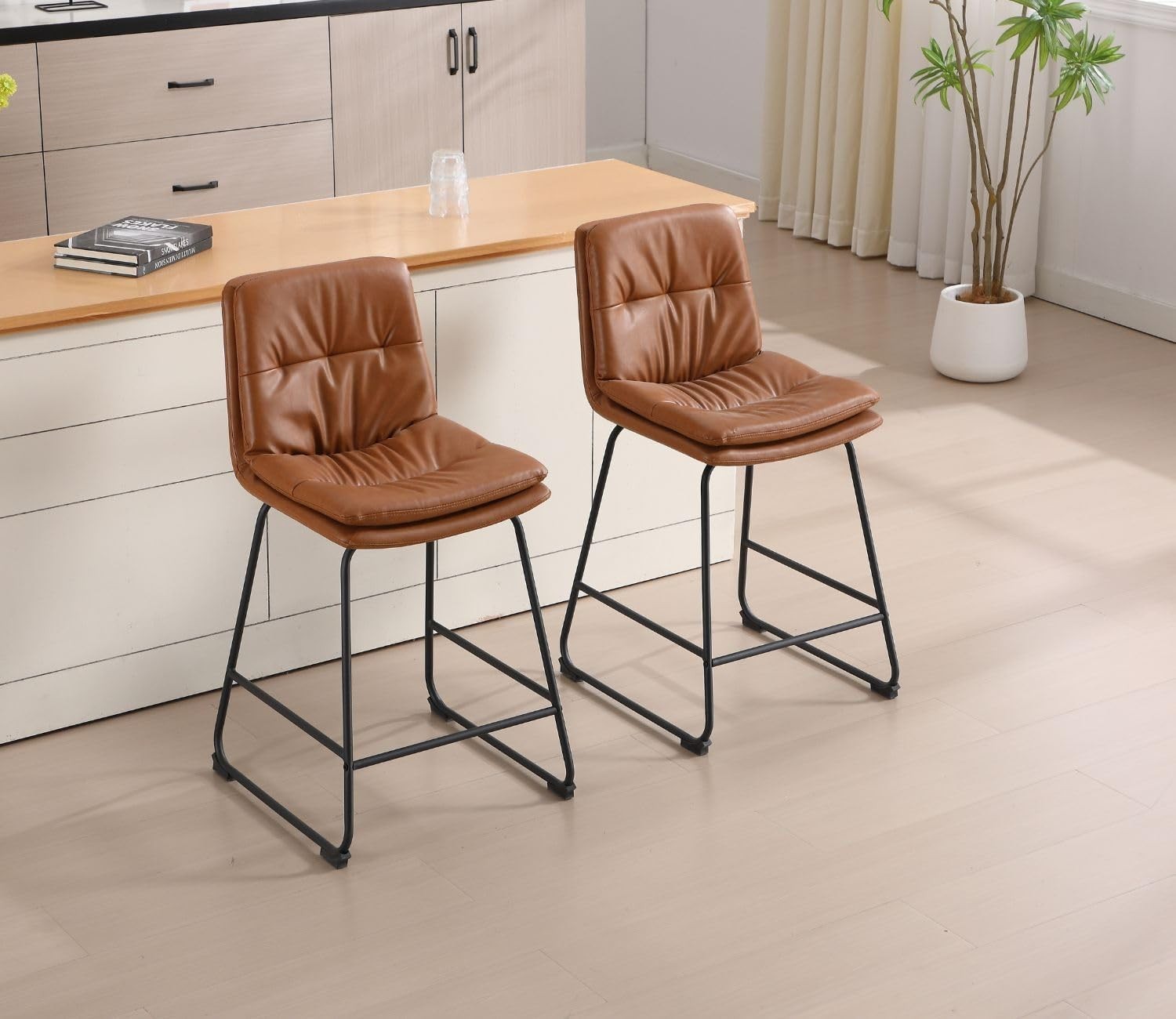 Modern Brown Bar Stools Set of 2 – PU Leather Counter Chairs