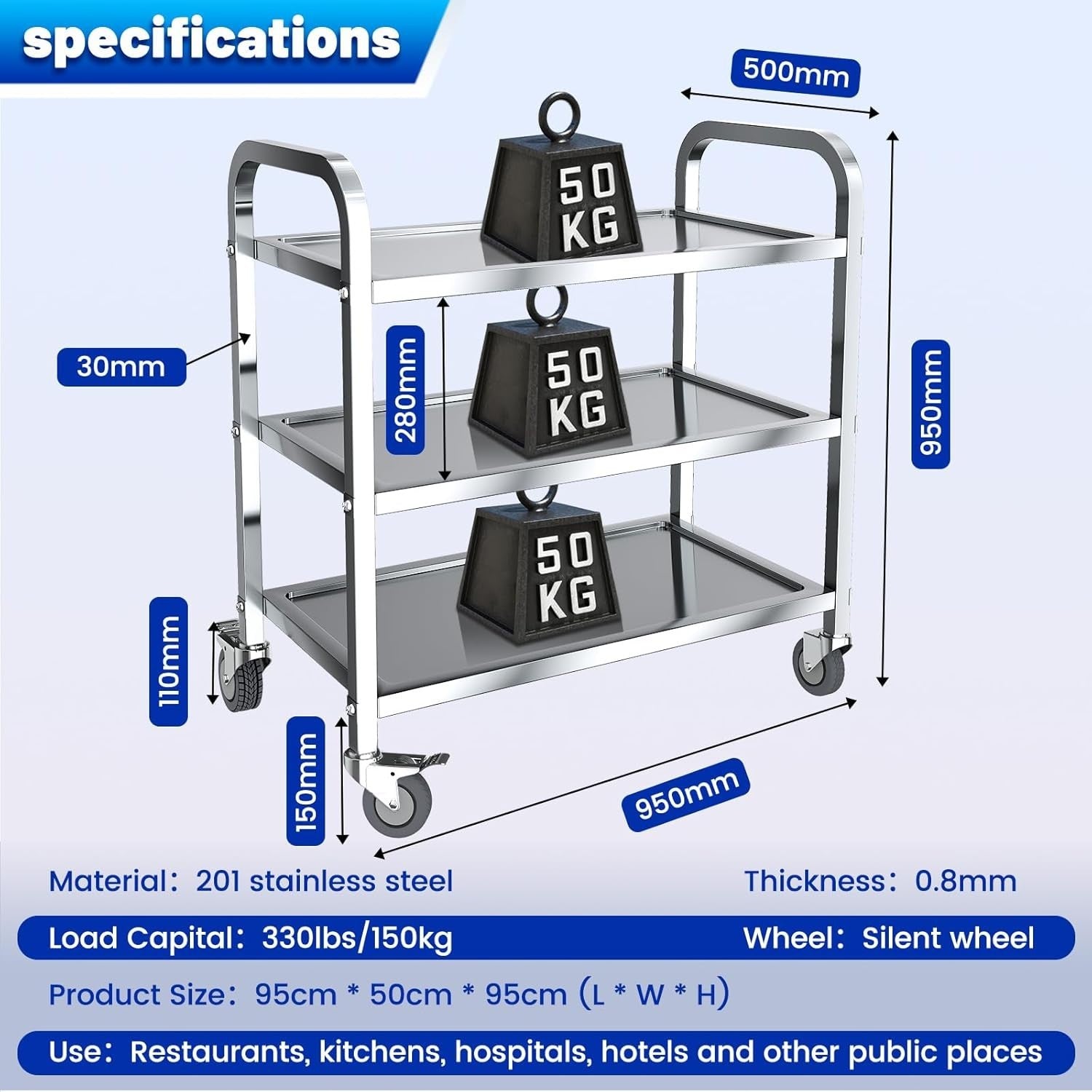 Large Stainless Steel 3 Tier Catering Trolley 500KG