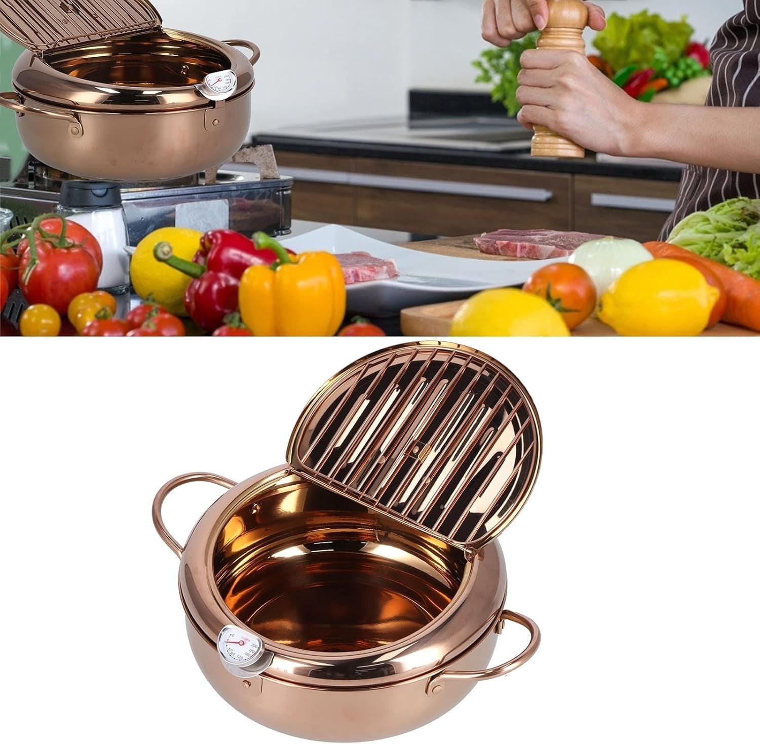 3.2L Stainless Steel Deep Fryer Pot w Thermometer Non Stick Rose Gold