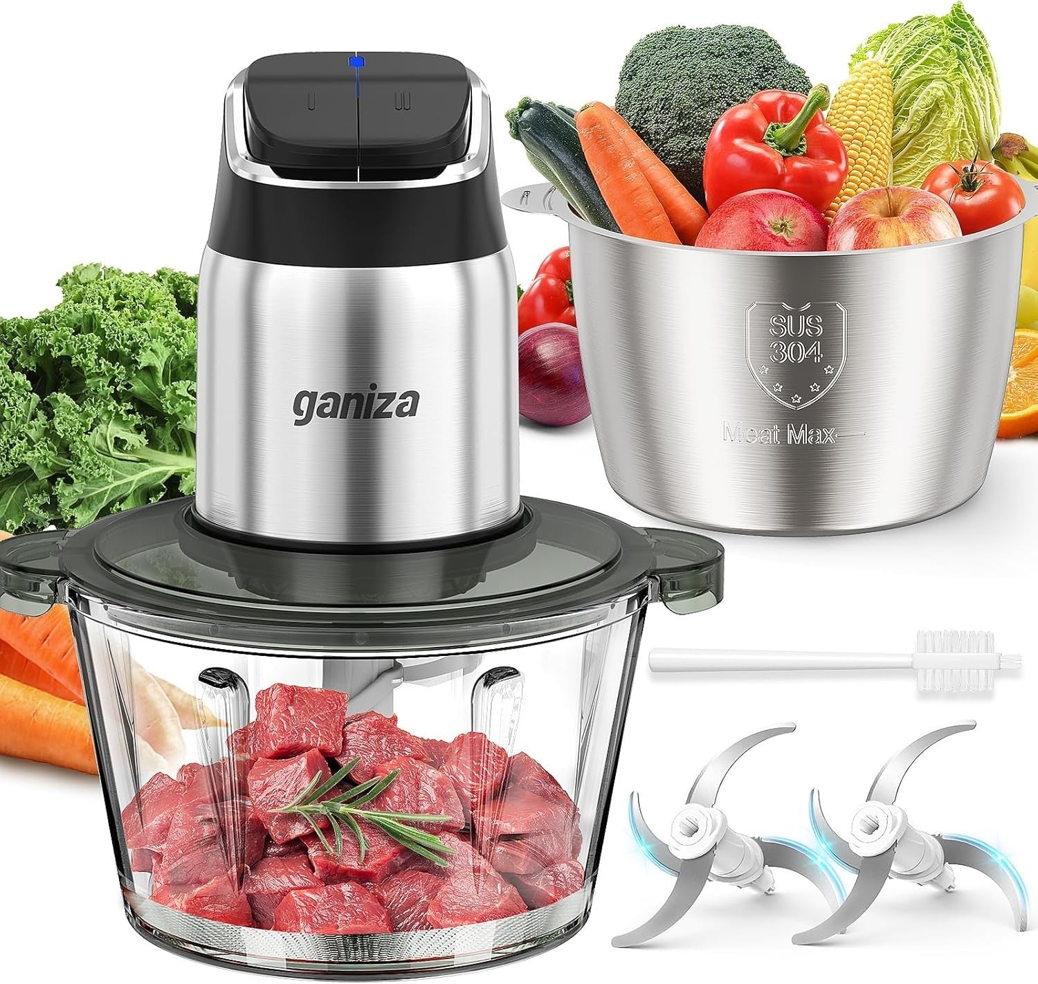 8 Cup Food Processor Meat Grinder 450W 2 Speed Dual Bowl Chopper