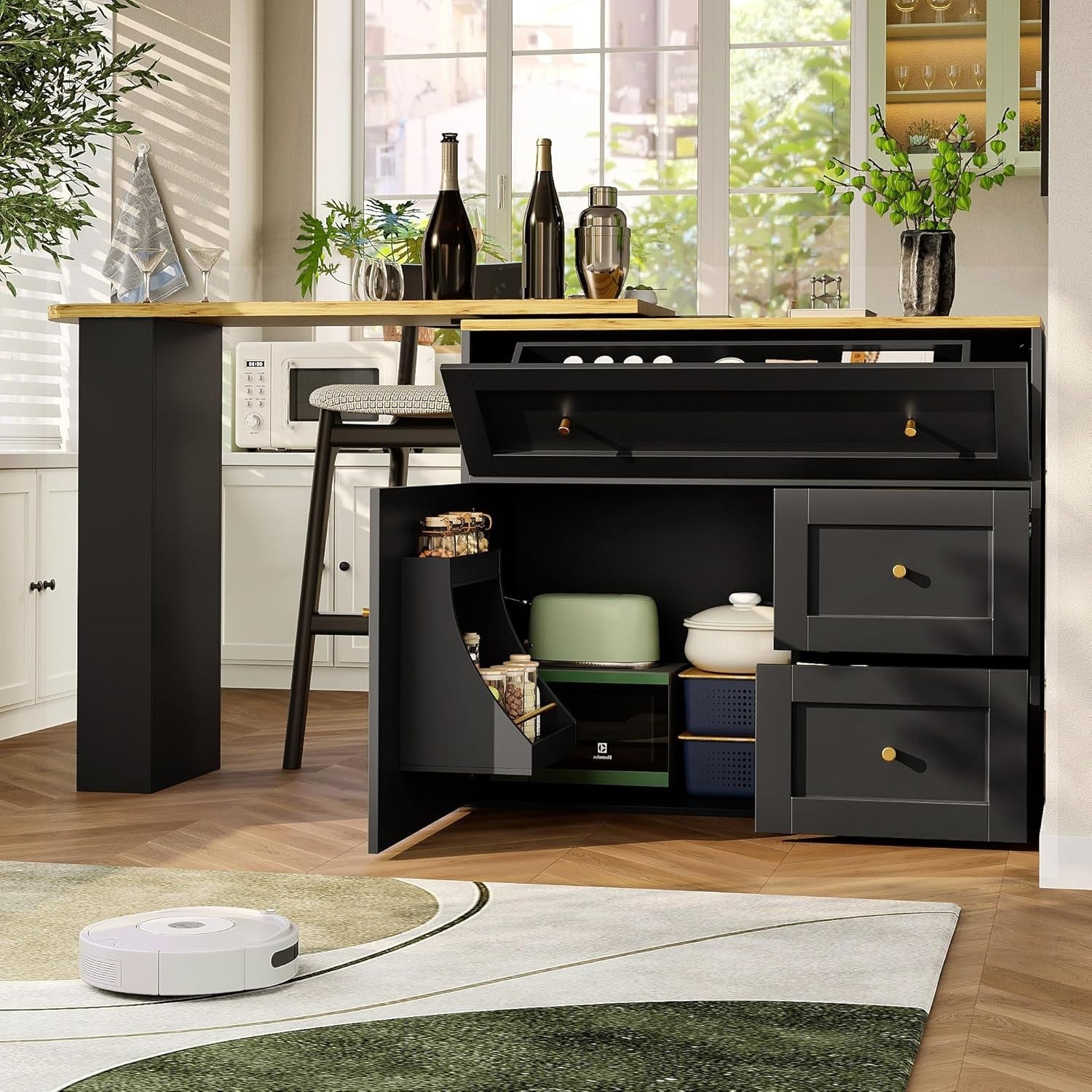 Extendable Kitchen Island Table with 360° Rotation, Storage & Flip Door
