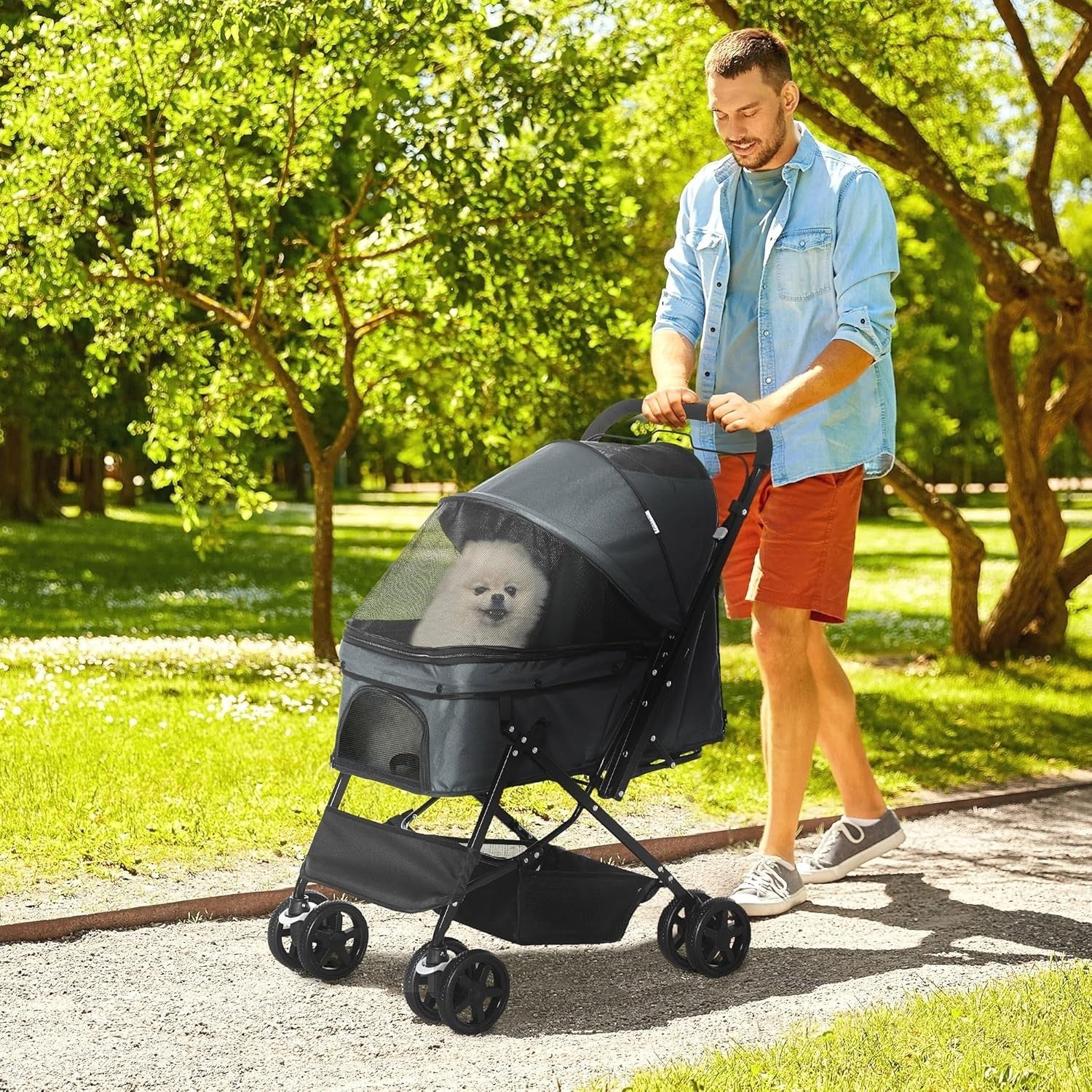Grey Foldable Dog Stroller with Reversible Handle EVA Wheels Storage