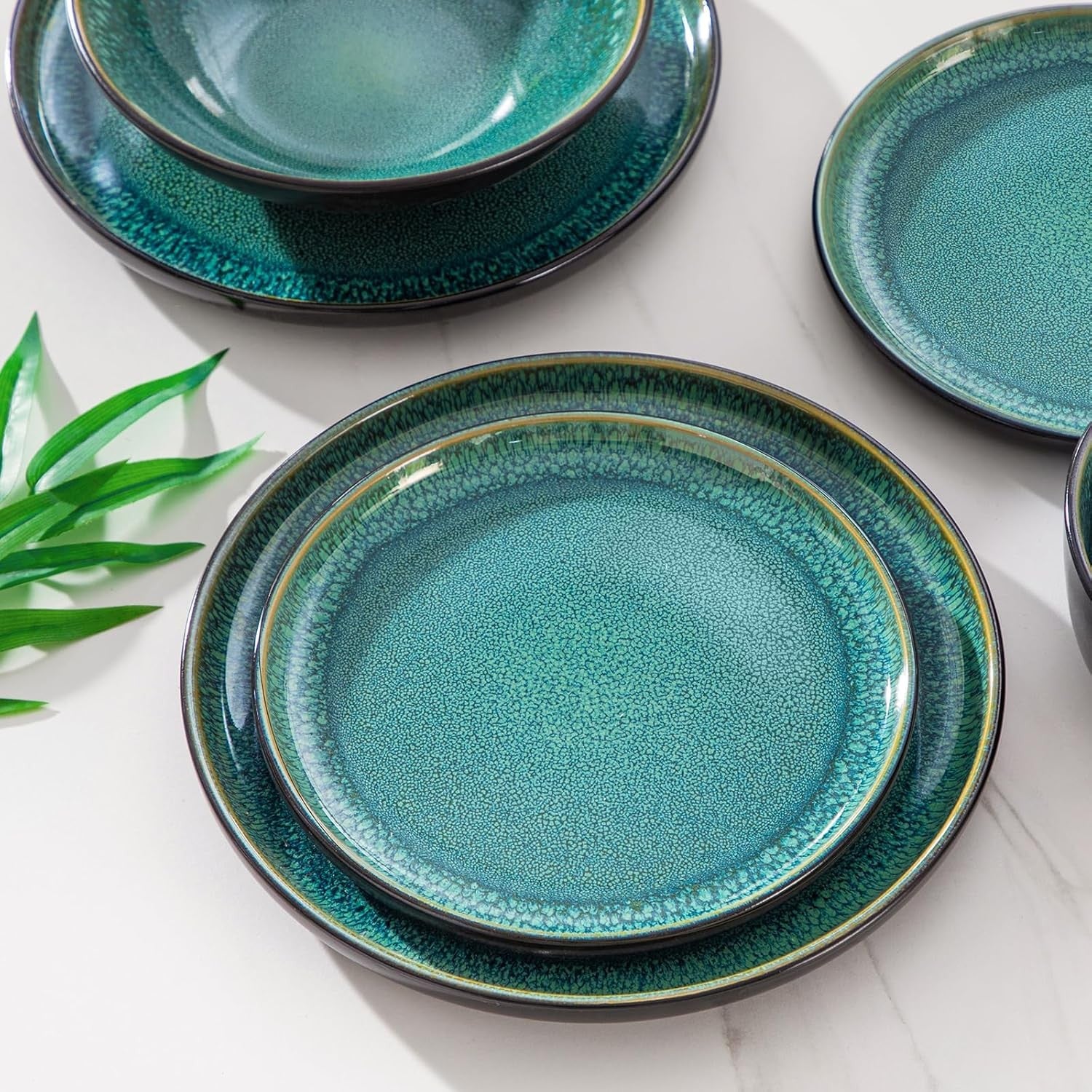 24pc Green Stoneware Dinner Set Plates Bowls Mediterranean Style Service for 6