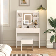 Modern White Dressing Table Vanity Set LED Mirror Adjustable Shelves Wood
