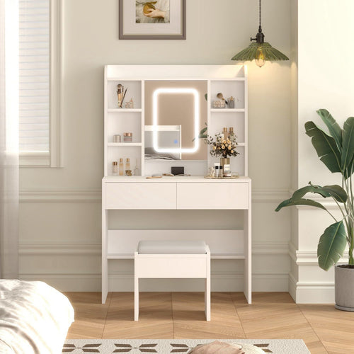 Modern White Dressing Table Vanity Set LED Mirror Adjustable Shelves Wood