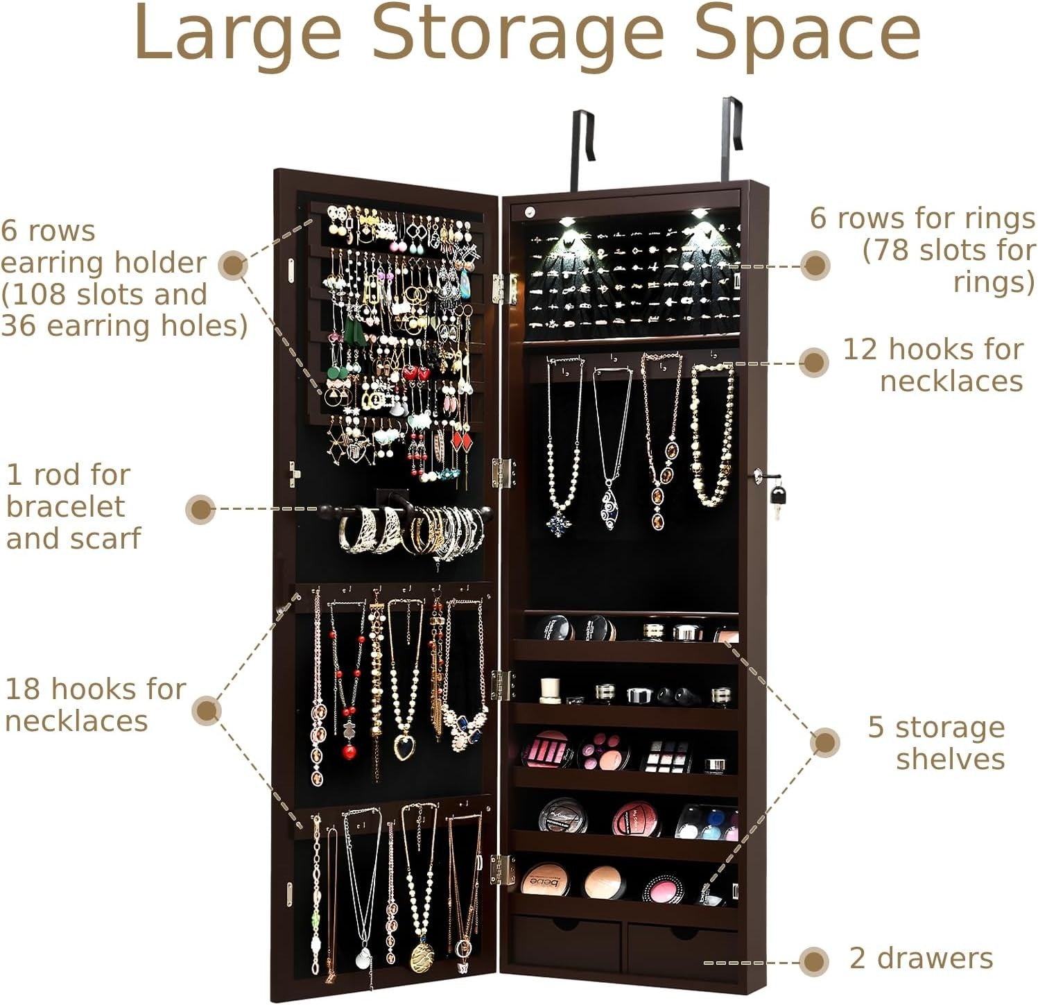 Brown Wall Door Mounted Jewellery Cabinet Lockable Mirror Organizer