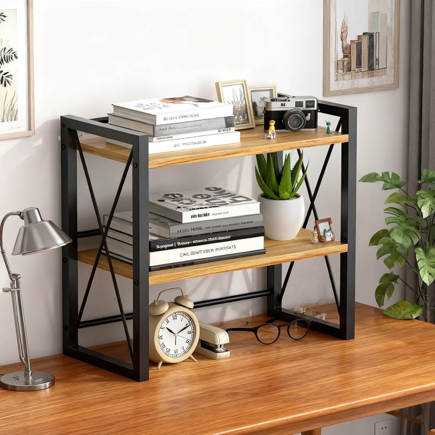 Black Wood Desk Shelf – Decorative Desktop Organizer w/ Hollow Side Panels