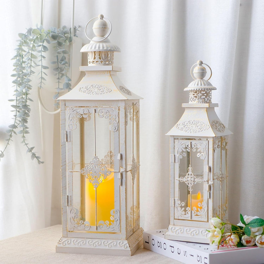 2 Pack White Gold Vintage Metal Candle Lanterns Indoor Outdoor