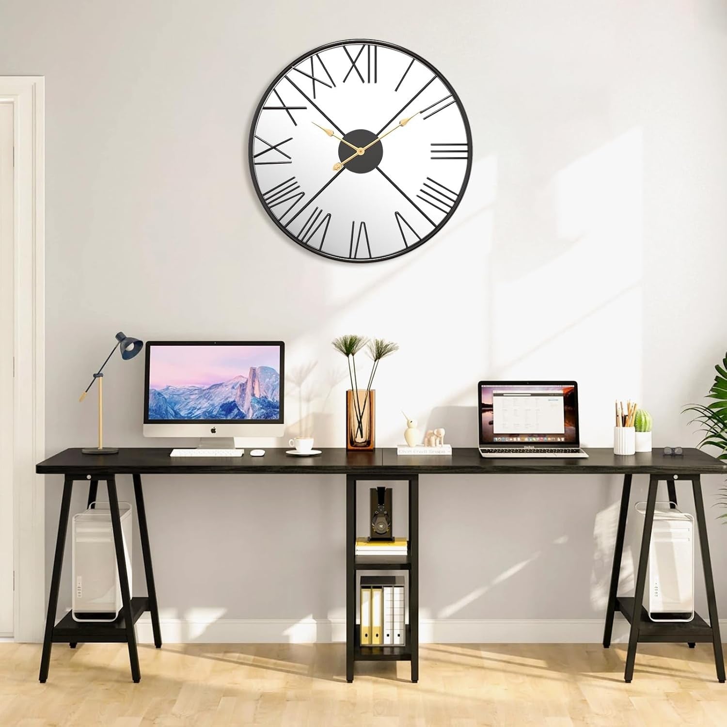50cm Large Mirrored Wall Clock – Silent Roman Numeral Metal Modern Design