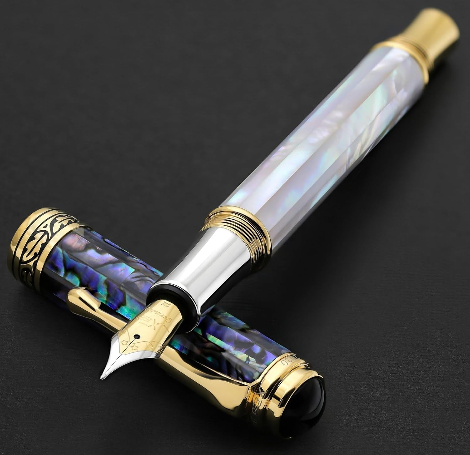 Luxury White Mother of Pearl & Blue Pāua Shell Fountain Pen Medium Nib