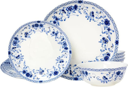 12pc Bone China Dinnerware Set Blue White Plates Bowls Service for 4
