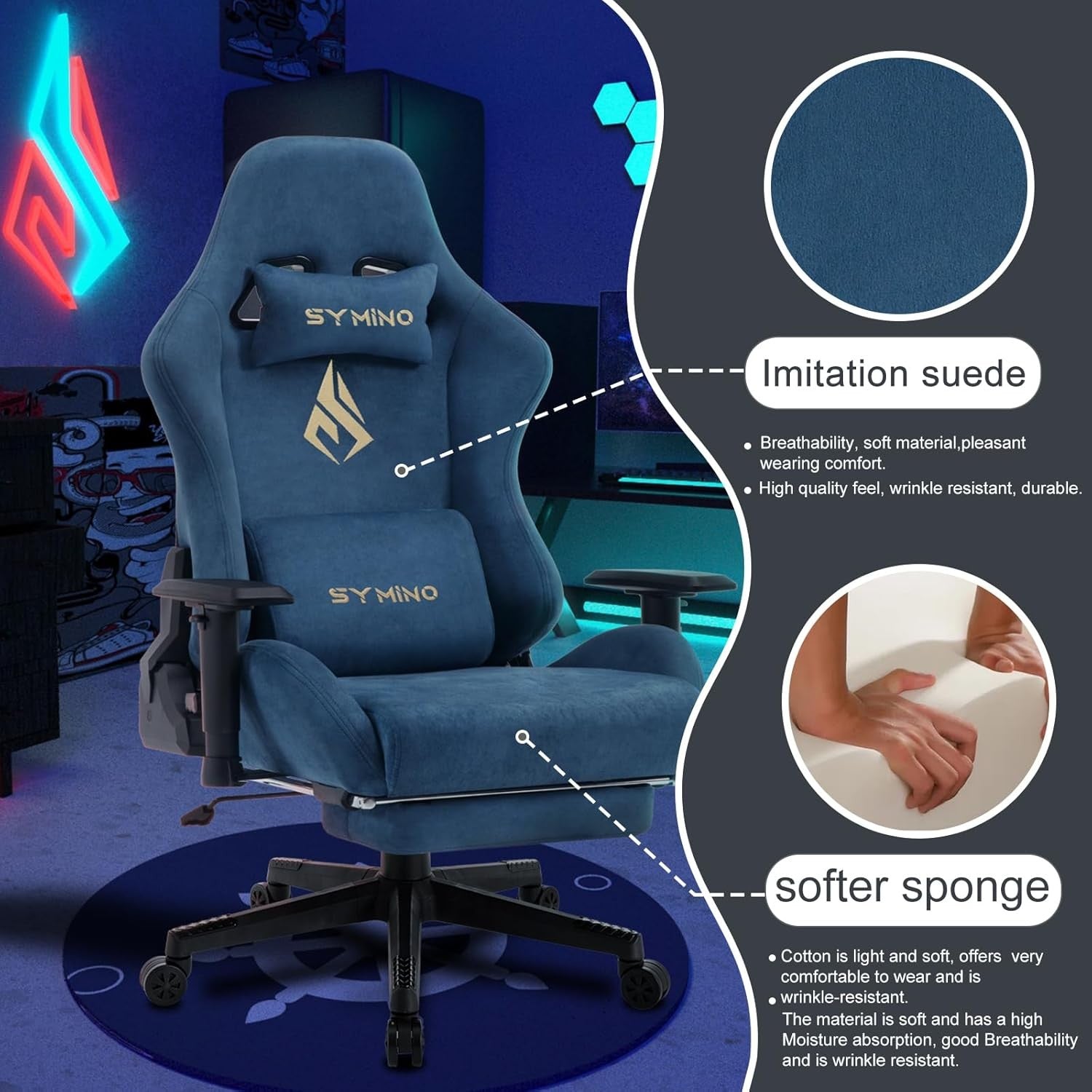 Ergonomic Gaming Chair with Footrest Recliner Lumbar Support Blue